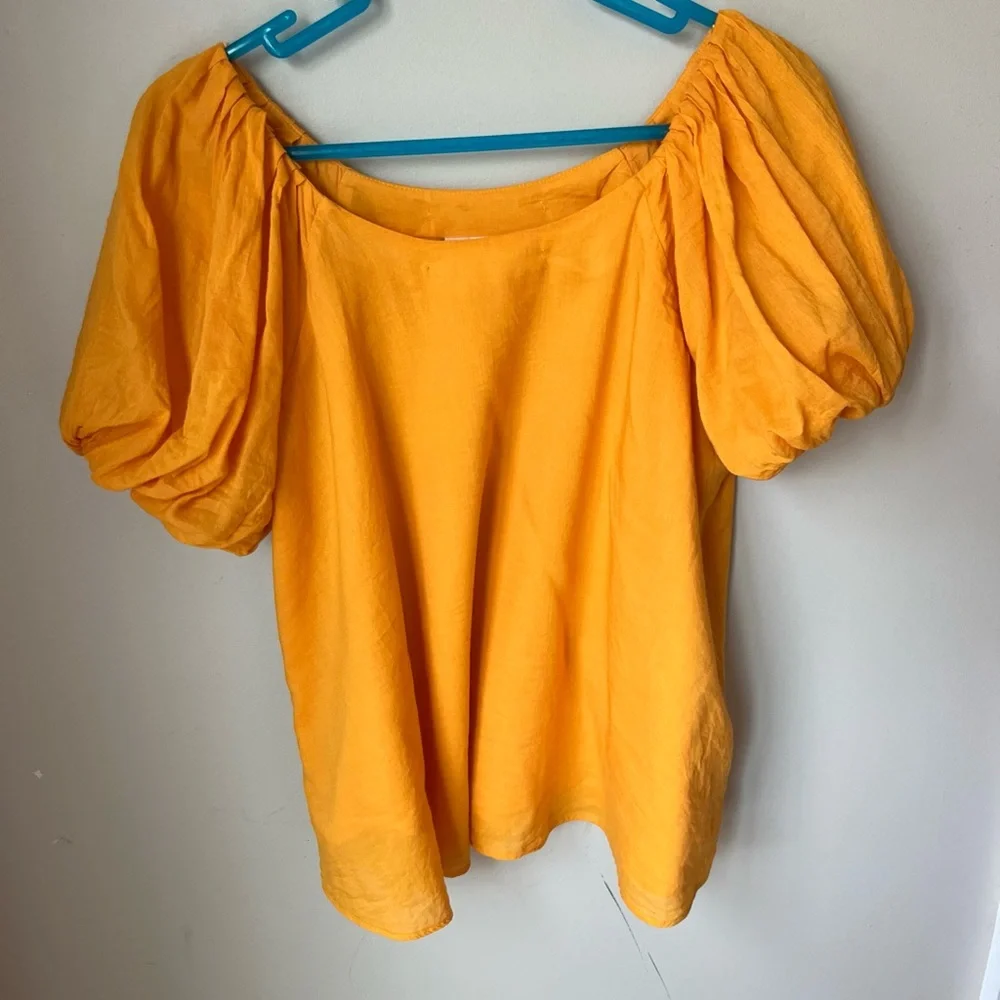 Maeve Anthropologie Golden Yellow Puff-Sleeve Linen Top - Picture 1 of 3